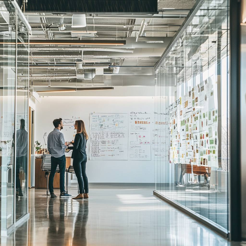 Two colleagues engage in a discussion in a modern office space, surrounded by glass walls and whiteboards filled with diagrams and notes.