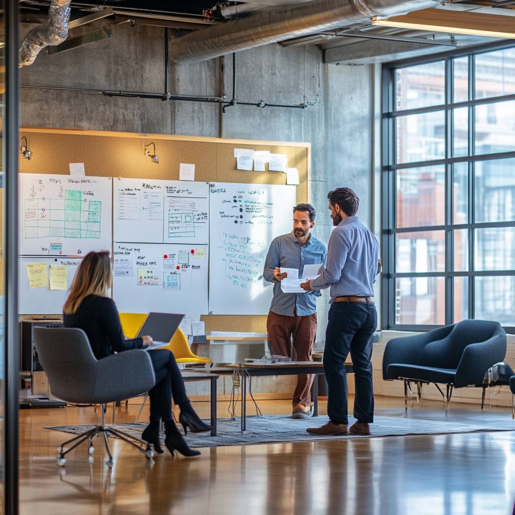 A modern office space featuring two men discussing documents in front of a whiteboard, while a woman works on a laptop in the background.