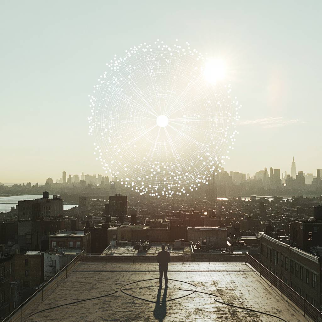 A person stands on a rooftop overlooking a city skyline, with a large ethereal orb of light and radiating lines above, symbolizing energy.