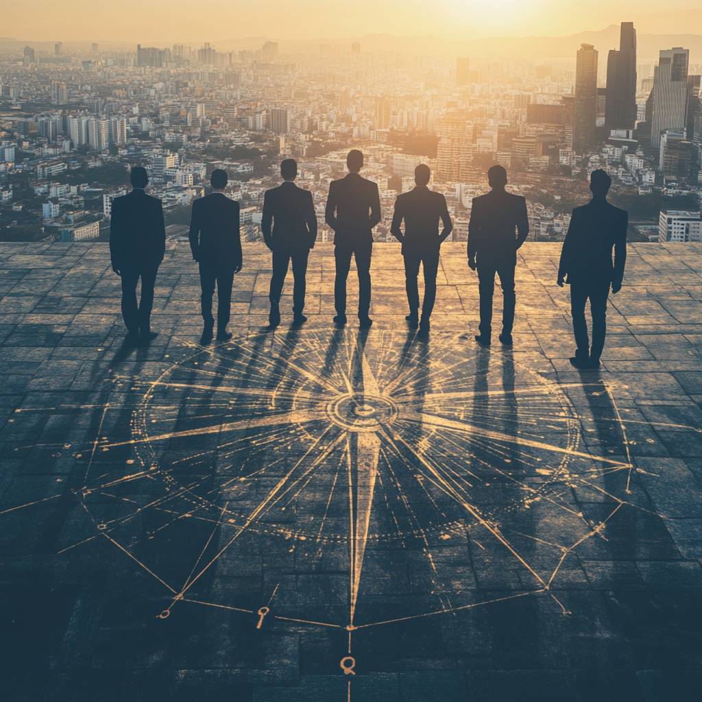 A group of seven men in suits stands on an elevated surface overlooking a cityscape at sunset, with a compass design on the ground.