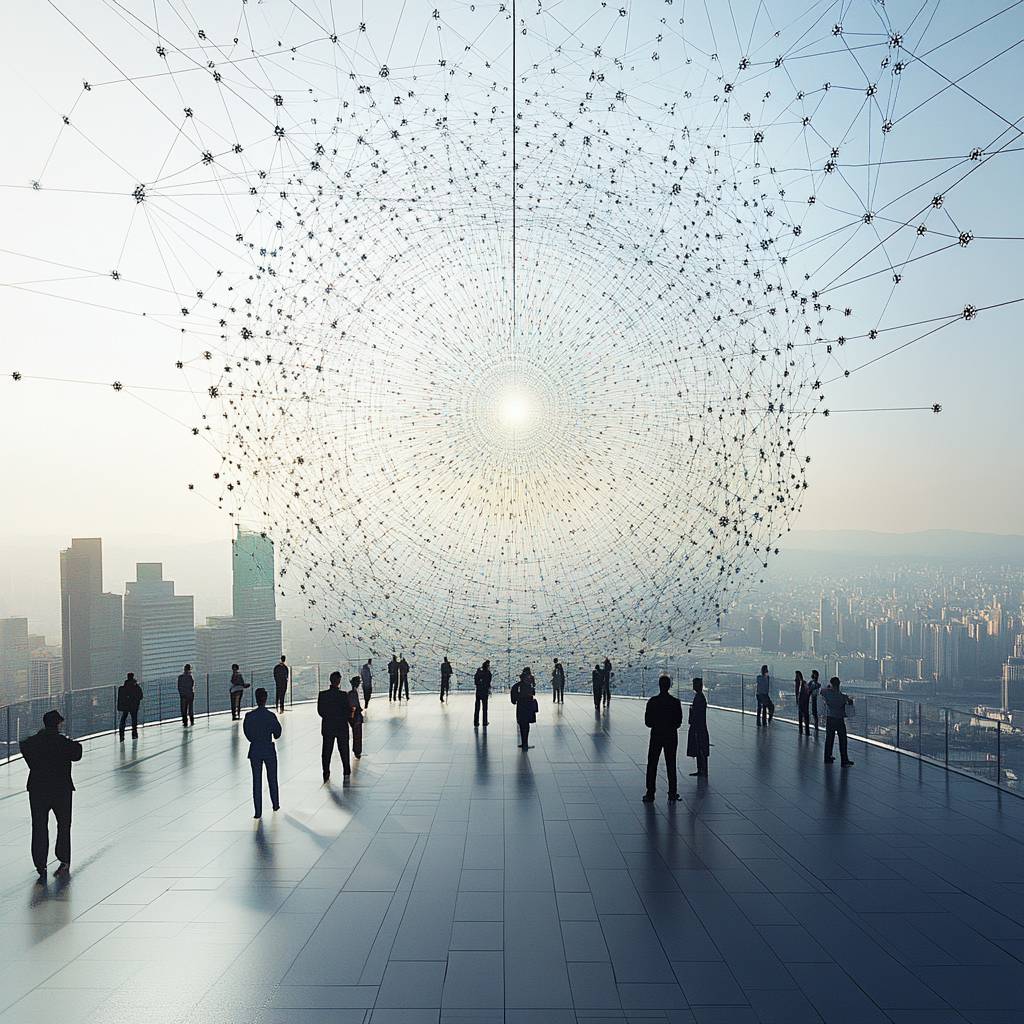 A group of silhouetted figures stands on a balcony overlooking a city, with a network of interconnected lines and nodes radiating from a bright central light.