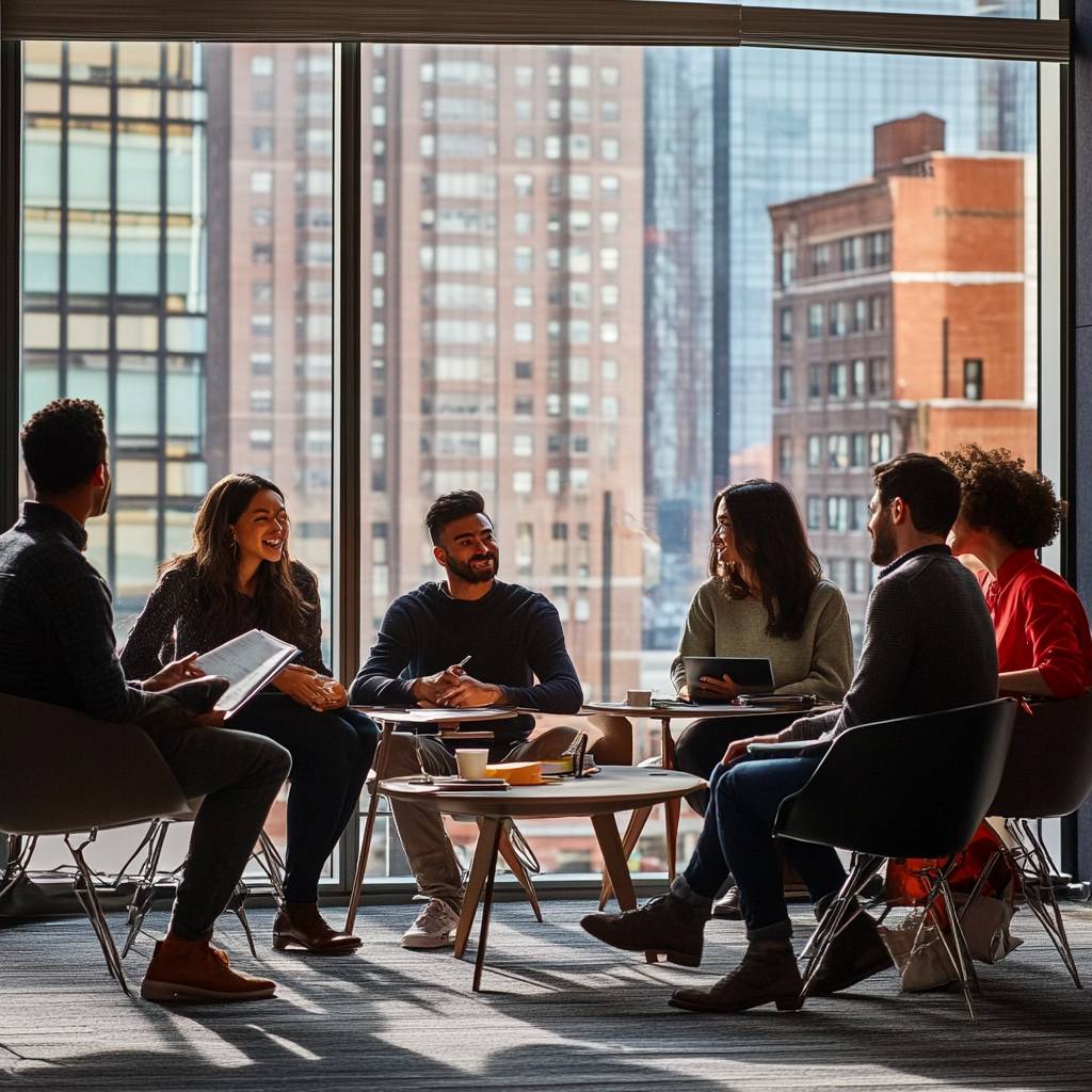 A diverse group of six people engaged in a discussion around a coffee table, with a city skyline visible through large windows in the background.