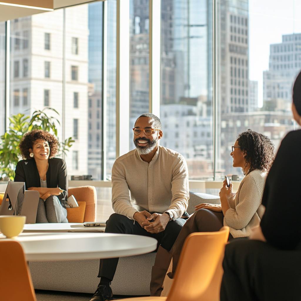 A diverse group of three professionals engaged in a conversation around a modern office table, with large windows showcasing a city skyline.