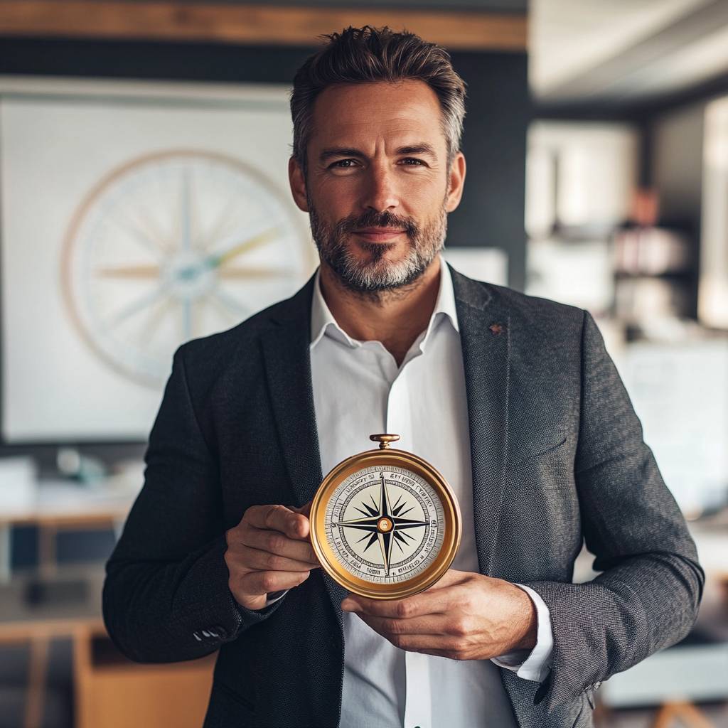 A man with a beard and styled hair, wearing a dark blazer and white shirt, holds a brass compass in an office setting with a compass background.