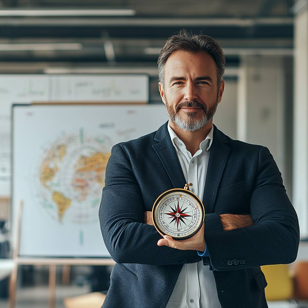 A bearded man in a black blazer holds a compass, standing confidently in an office setting with a world map on a whiteboard behind him.