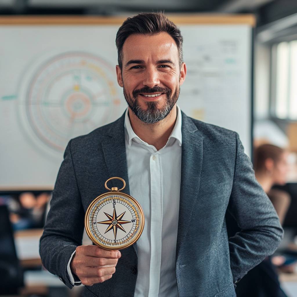 A smiling man in a gray suit holds a compass, standing in an office setting with charts and colleagues blurred in the background.