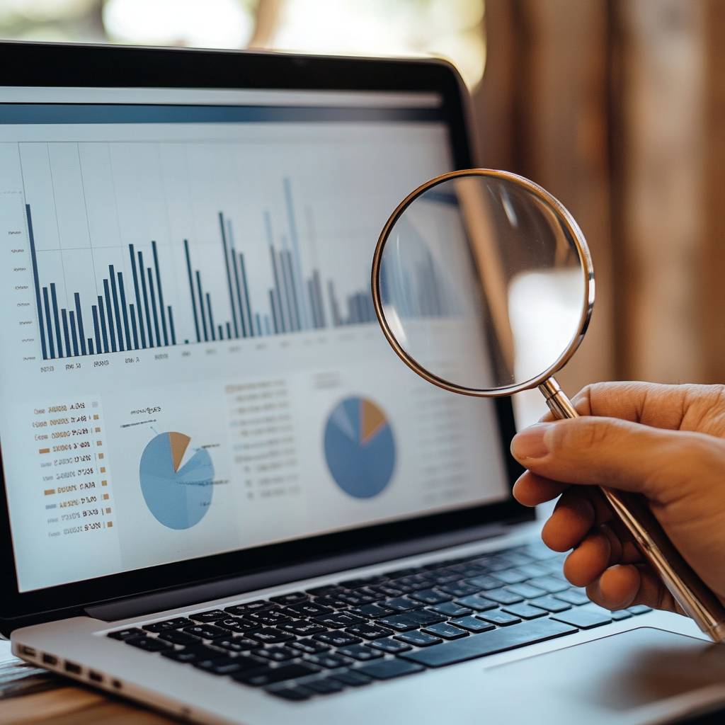 A hand holding a magnifying glass examines data on a laptop screen displaying bar graphs and pie charts with various colors and labels.
