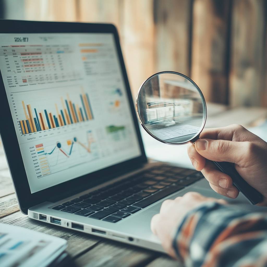 A person holds a magnifying glass while examining data visualizations on a laptop screen, set against a rustic wooden background.