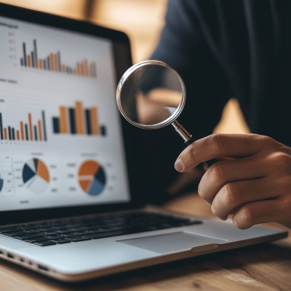 A person holds a magnifying glass in front of a laptop displaying various graphs and charts, highlighting data analysis and trends.