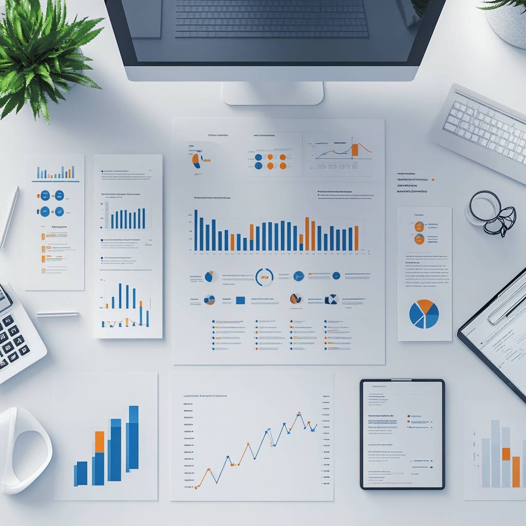 A top-down view of a workspace with graphs and charts on paper, a computer monitor, keyboard, tablet, and office supplies, surrounded by greenery.