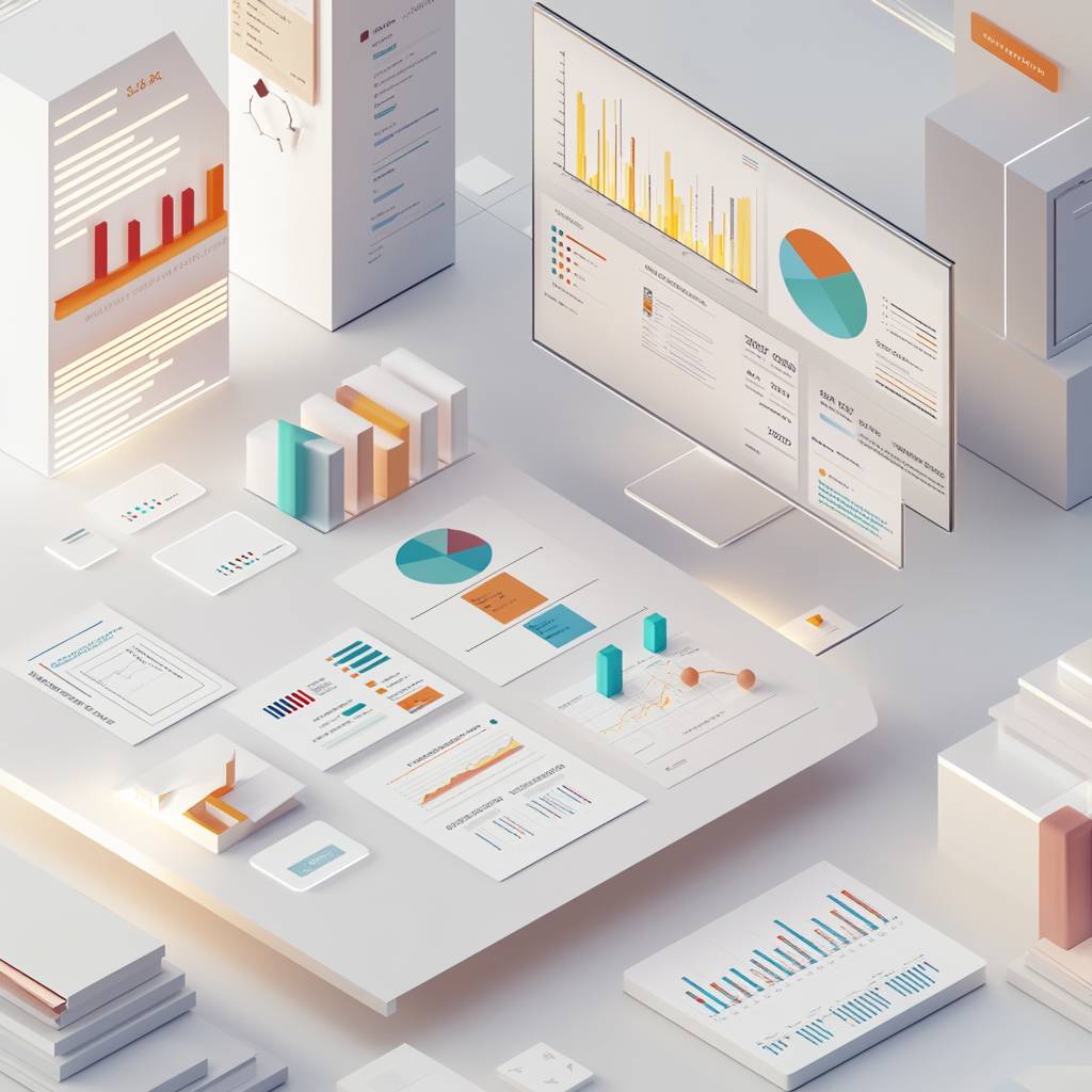 A modern workspace featuring various analytical charts, graphs, and reports displayed on a large screen and papers on a table, emphasizing data analysis.