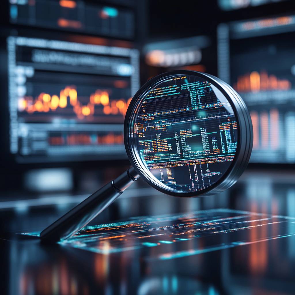 A magnifying glass focusing on digital data displays with graphs and numerical information, set against blurred computer screens in a dark environment.