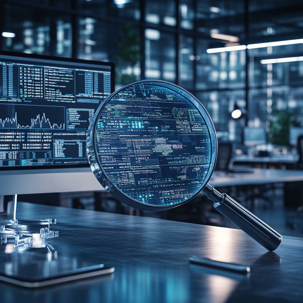 A magnifying glass reflects data on a computer screen displaying code and analytics, set in a modern office environment with soft lighting.