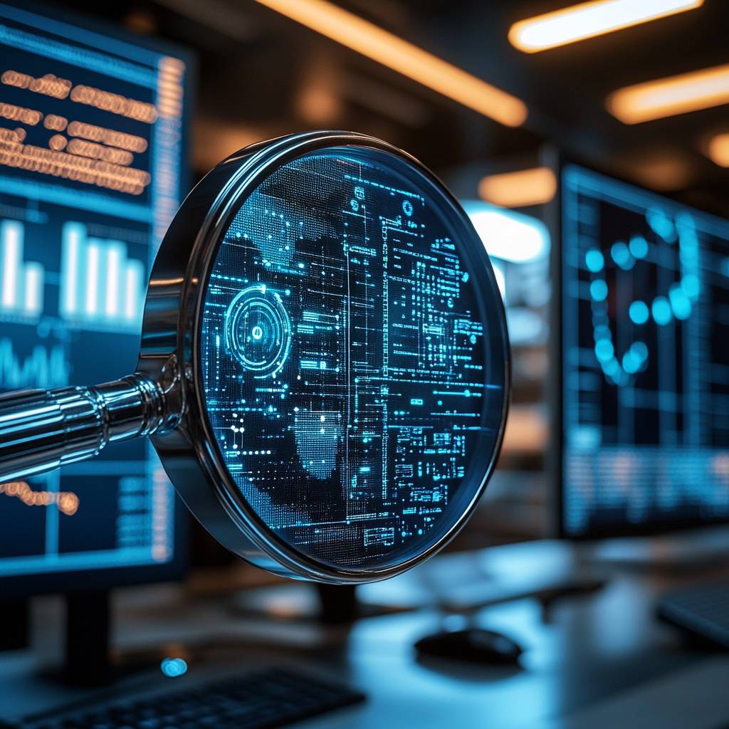 A magnifying glass hovers over a digital display featuring blue, glowing circuit patterns and data visualizations in a modern workspace.