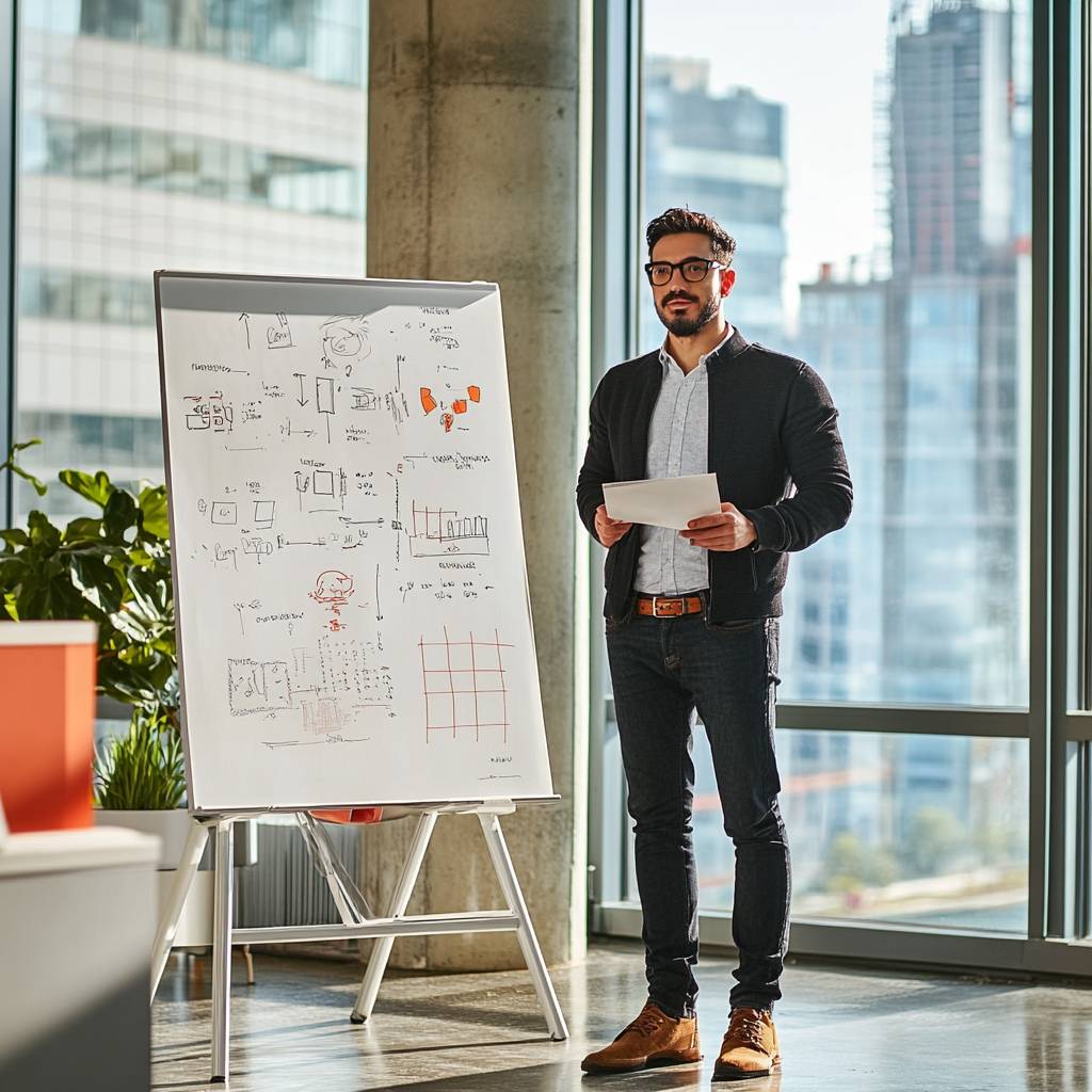 A man in a black cardigan stands in an office environment, holding papers while presenting to a flip chart filled with diagrams and notes.