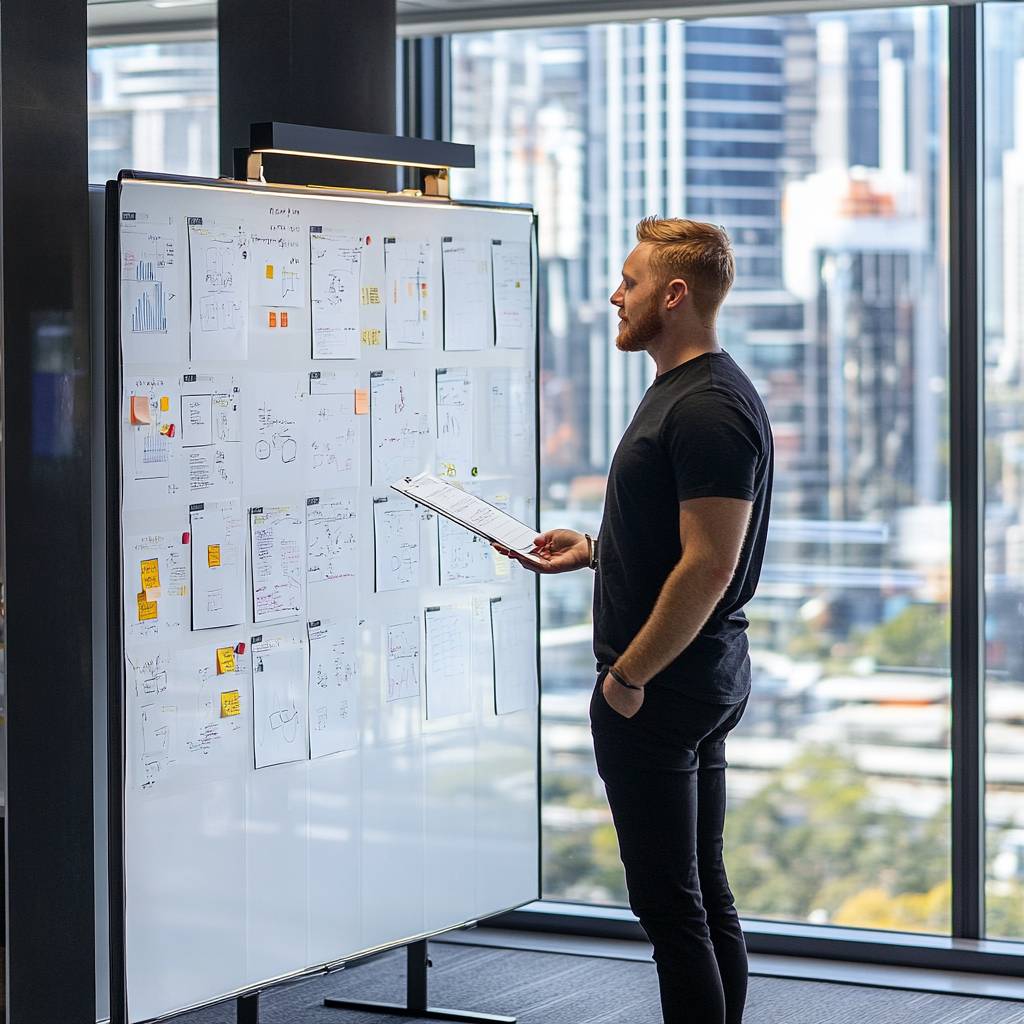 A man in a black shirt stands beside a whiteboard covered with documents and sticky notes, overlooking a city skyline through large windows.