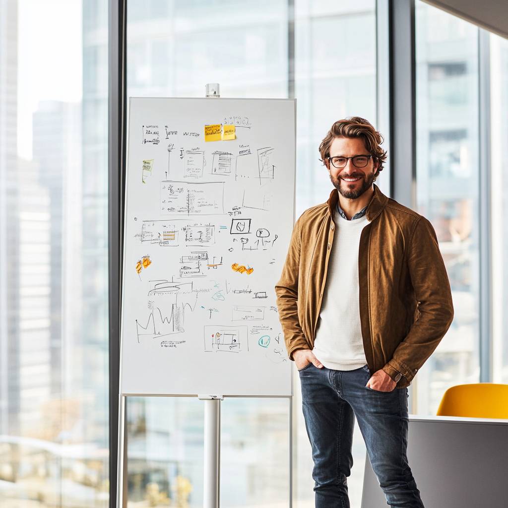 A smiling man with a beard stands next to a whiteboard filled with sketches and notes, in a modern office with large windows.