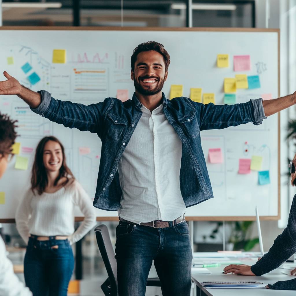A smiling man in a denim jacket stands with arms outstretched in a bright office, while two women look on, surrounded by colorful sticky notes.