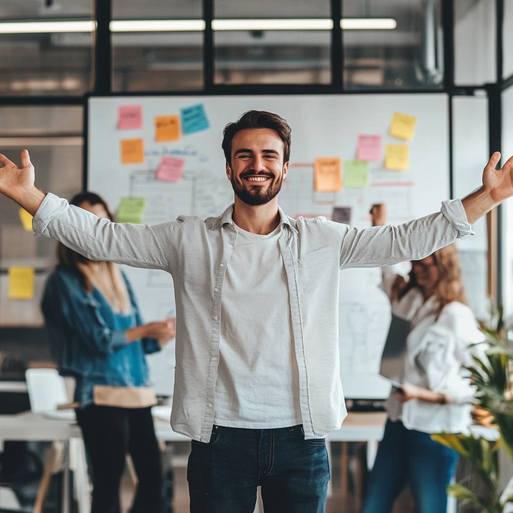 A smiling man stands with arms outstretched in a modern office, with coworkers in the background working on a whiteboard covered in sticky notes.