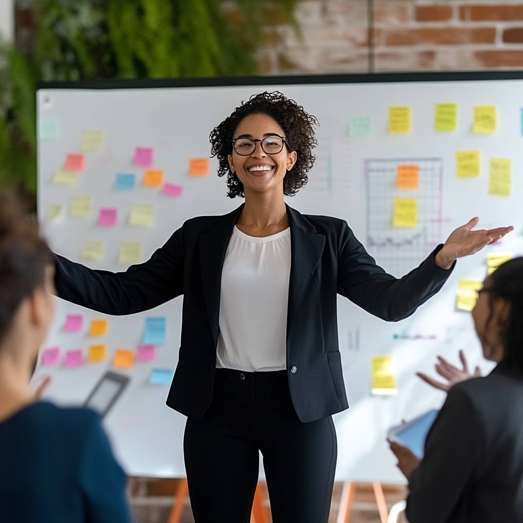 A woman in a blazer stands confidently with arms outstretched in front of a whiteboard filled with colorful sticky notes, engaging a group.
