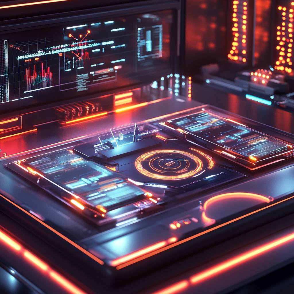 A futuristic control panel with glowing neon elements, digital interfaces, and data visualizations, set against a sleek dark background.