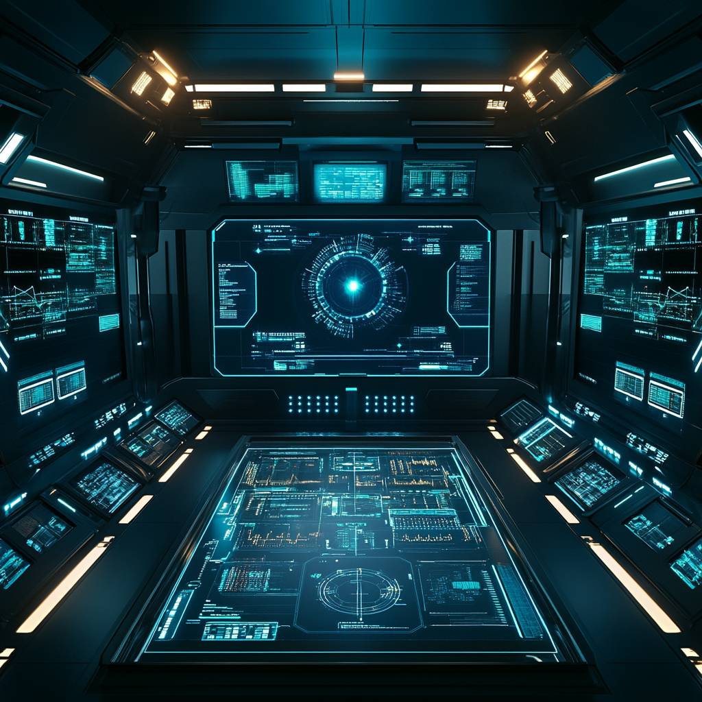 Futuristic control room featuring multiple digital displays and holographic interfaces with blue glowing elements and data readouts.