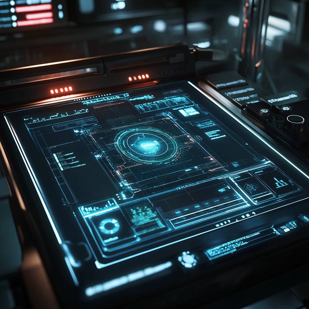 A futuristic touchscreen interface displays intricate data visualizations and holographic elements, illuminated against a dark background.