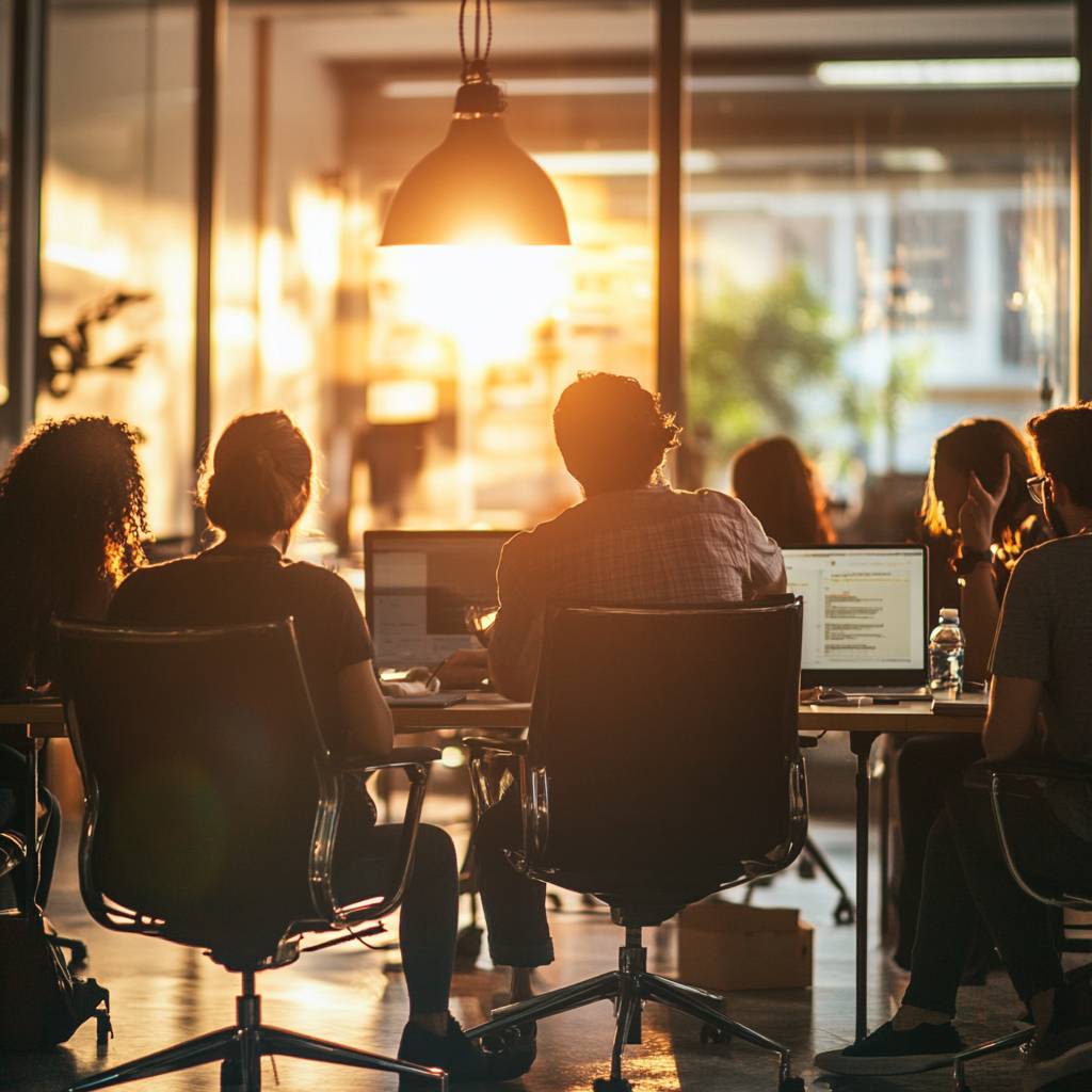 A group of people working at desks with laptops in a brightly lit office, illuminated by sunlight pouring through large windows.