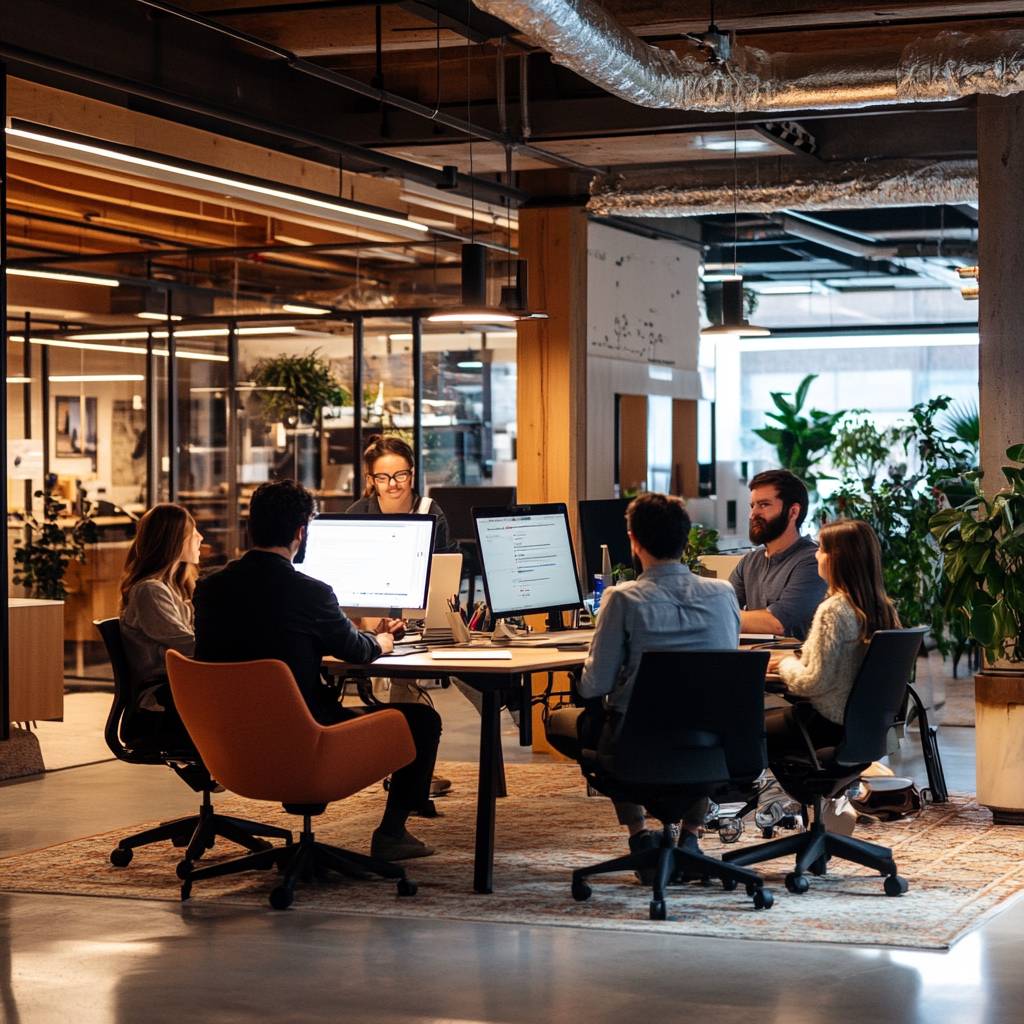A group of six people collaborates in a modern office space, discussing projects at a table with computers, surrounded by plants and large windows.