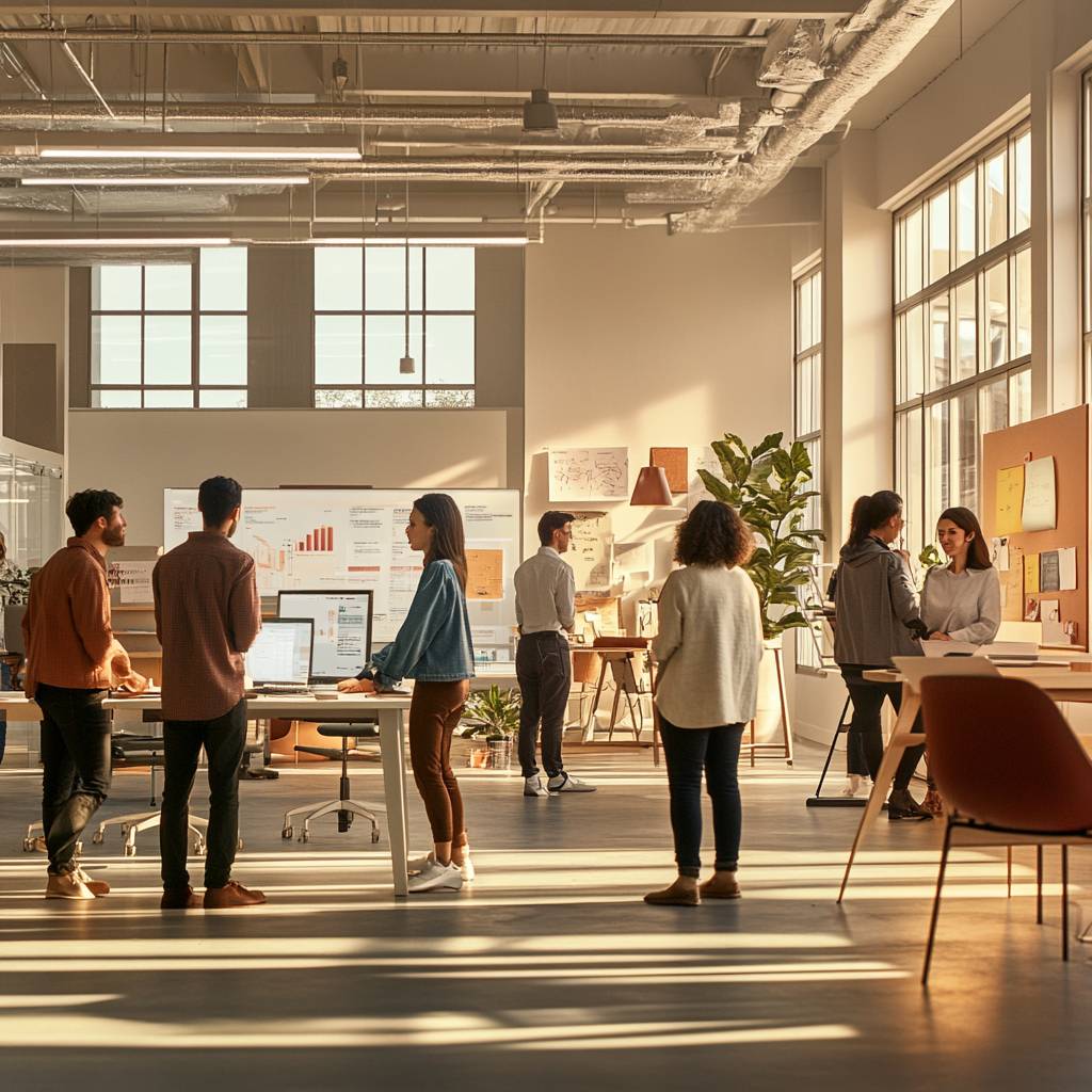 A modern office space with several people engaged in discussions, working at desks, and collaborating on projects. Bright windows let in natural light.