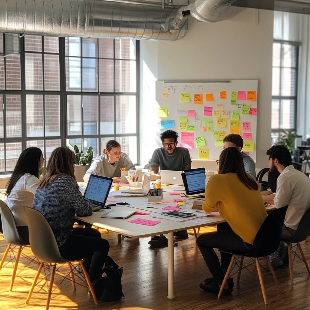A diverse group of six people collaborate around a table with laptops and colorful sticky notes in a bright, modern office space.