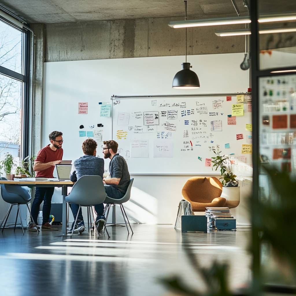 Three people are collaborating around a table in a modern office; a whiteboard with notes and diagrams is visible, along with plants and furniture.