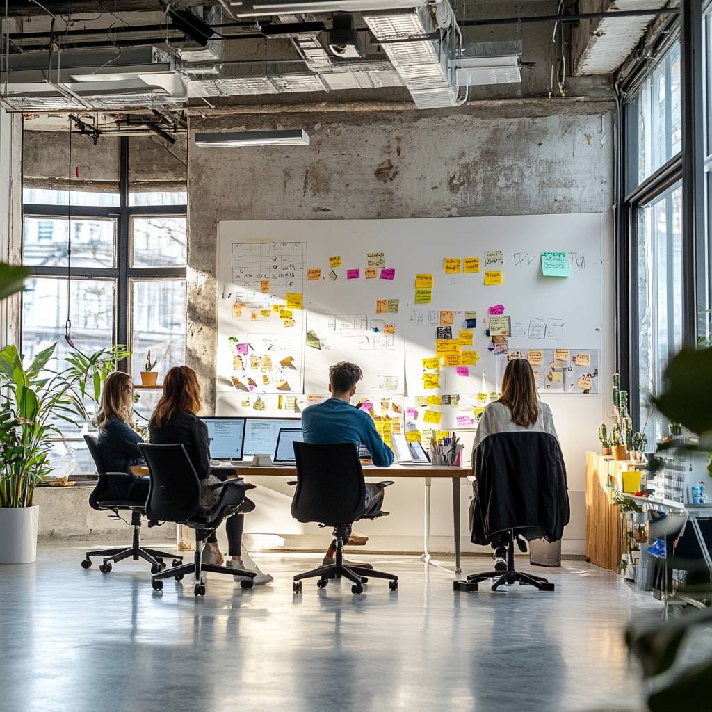 A group of four people collaborate at a modern office workspace, focused on a wall decorated with colorful sticky notes and sketches.