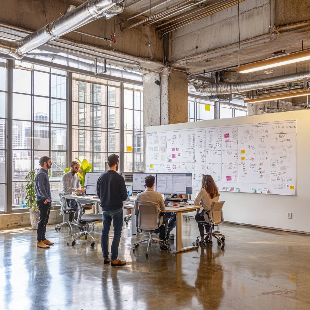 A modern office space featuring four individuals engaged in discussion, with computer workstations and a whiteboard covered in notes and sketches.