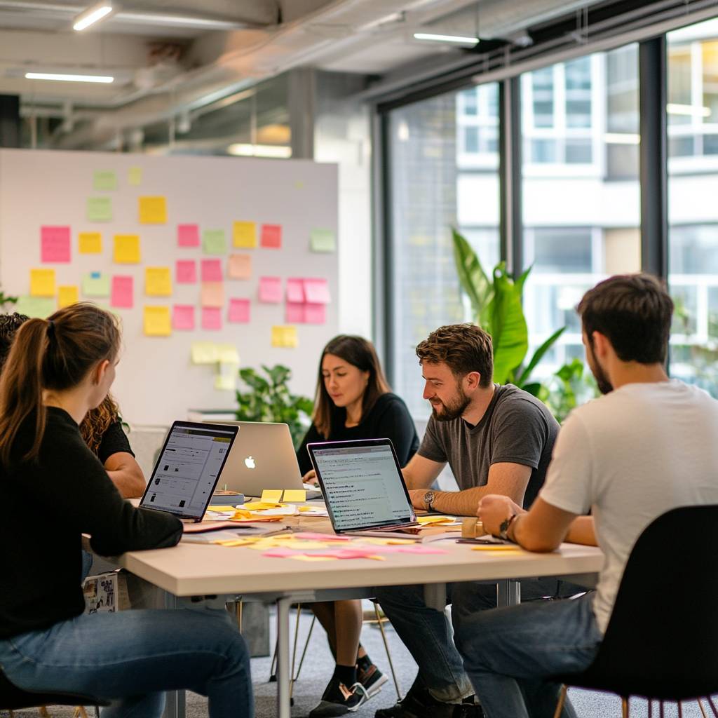 Group of six people collaborating around a table with laptops and sticky notes, in a bright office environment with plants and windows.