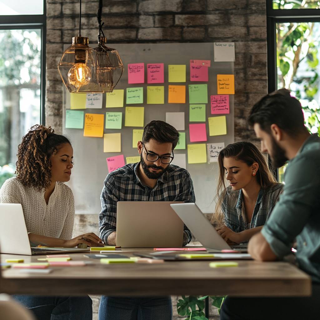 Four individuals collaborate at a table with laptops and devices, surrounded by colorful sticky notes on a wall in a modern workspace.