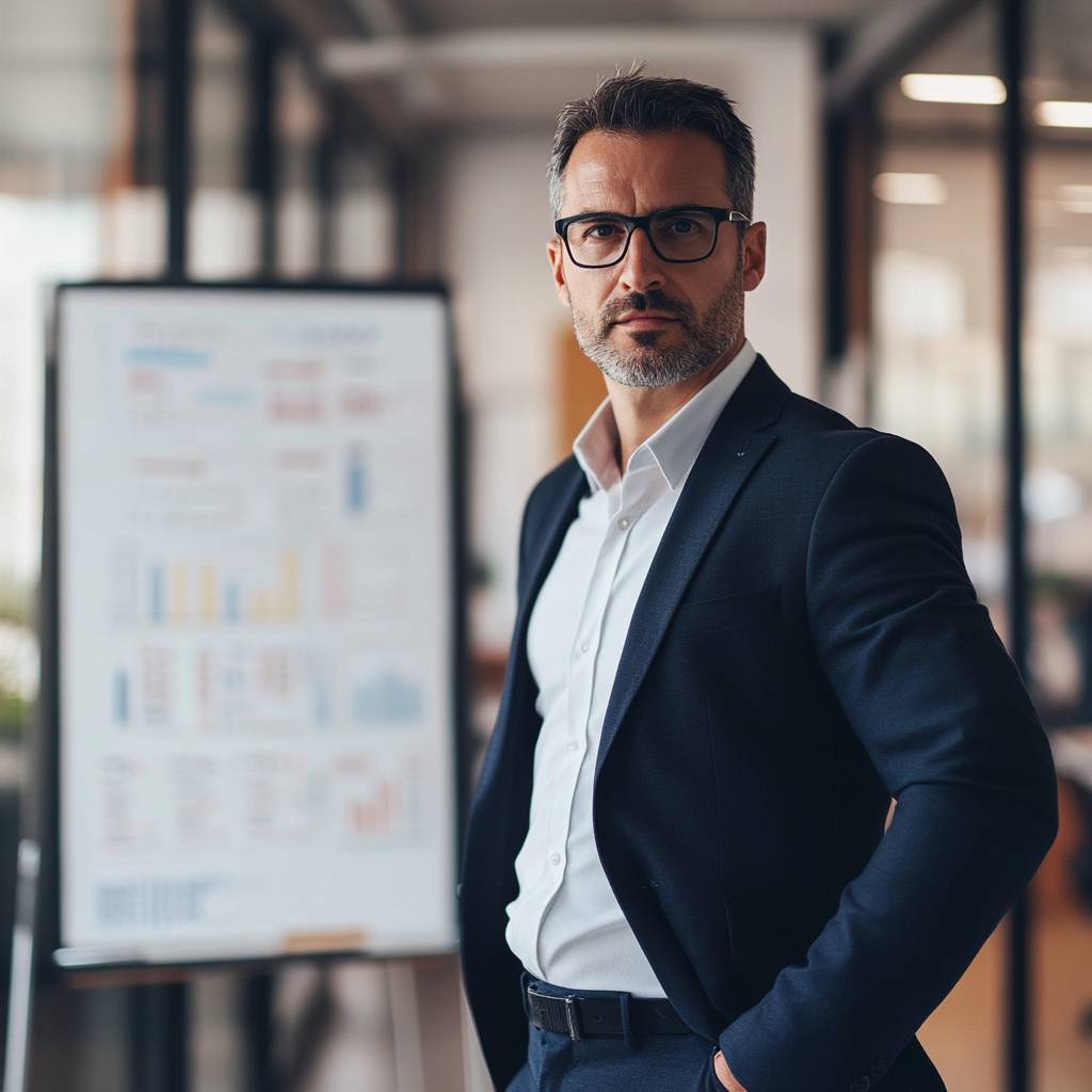 A stern-looking businessman in a dark suit and glasses stands confidently in an office, with a chart-filled whiteboard in the background.