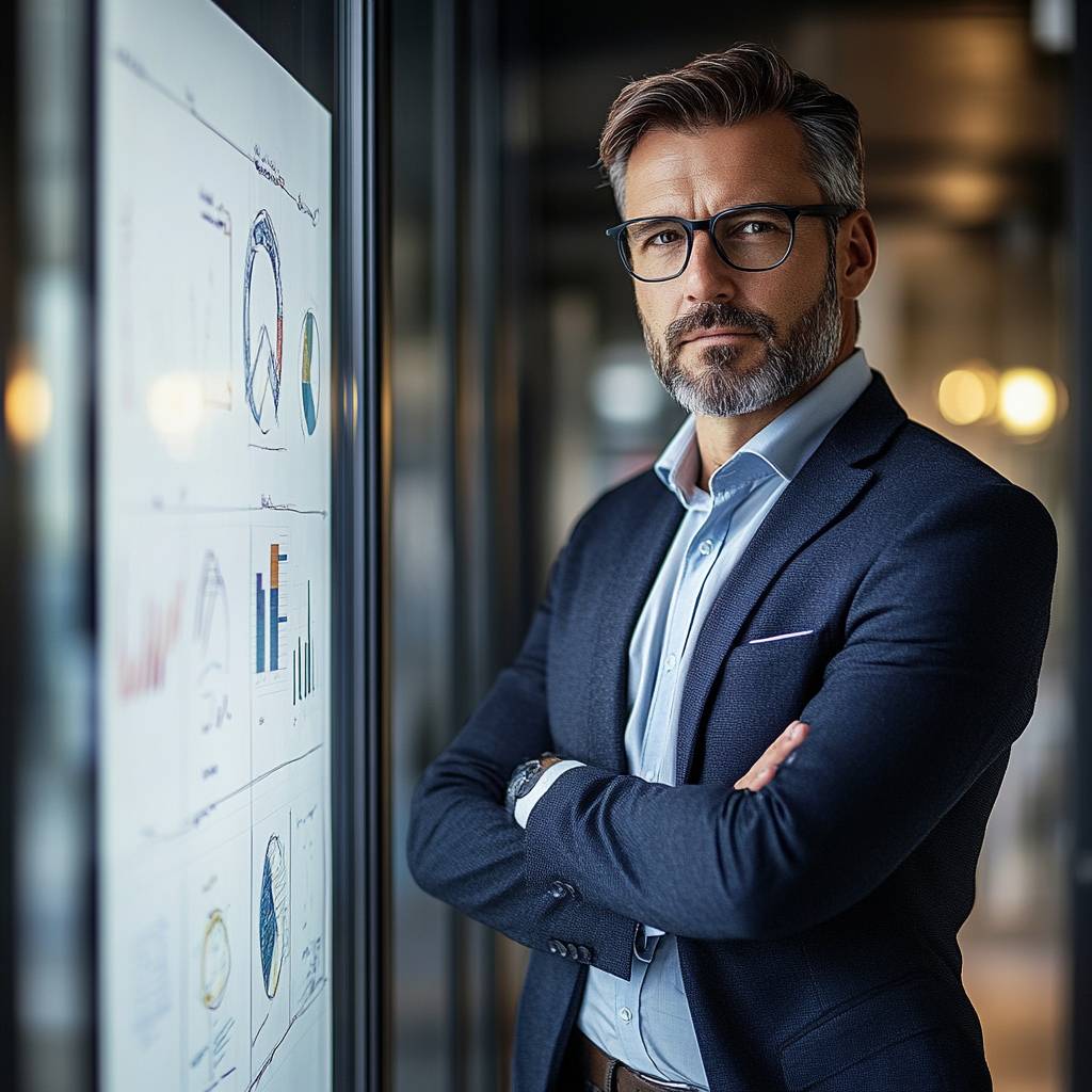 A professionally dressed man with glasses stands beside a glass wall displaying various business graphs and charts, appearing thoughtful and contemplative.