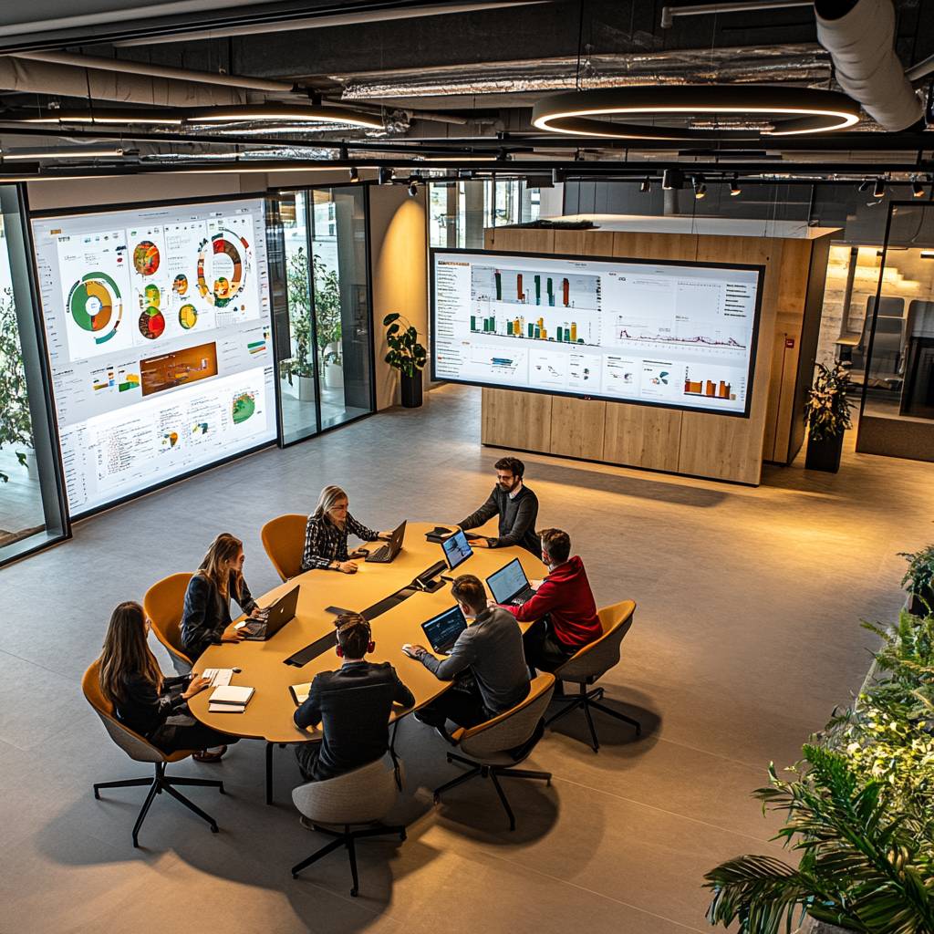 A modern conference room with a round table and seven people utilizing laptops, displaying various data visualizations on large screens.