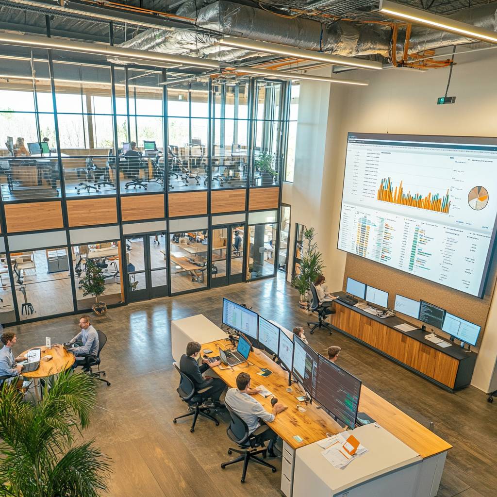 A modern office interior featuring a collaborative workspace with large screens, data displays, and a view of an upper level with glass walls and desks.