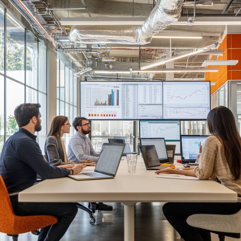 A group of professionals seated at a conference table with laptops, discussing data displayed on multiple screens in a modern office setting.