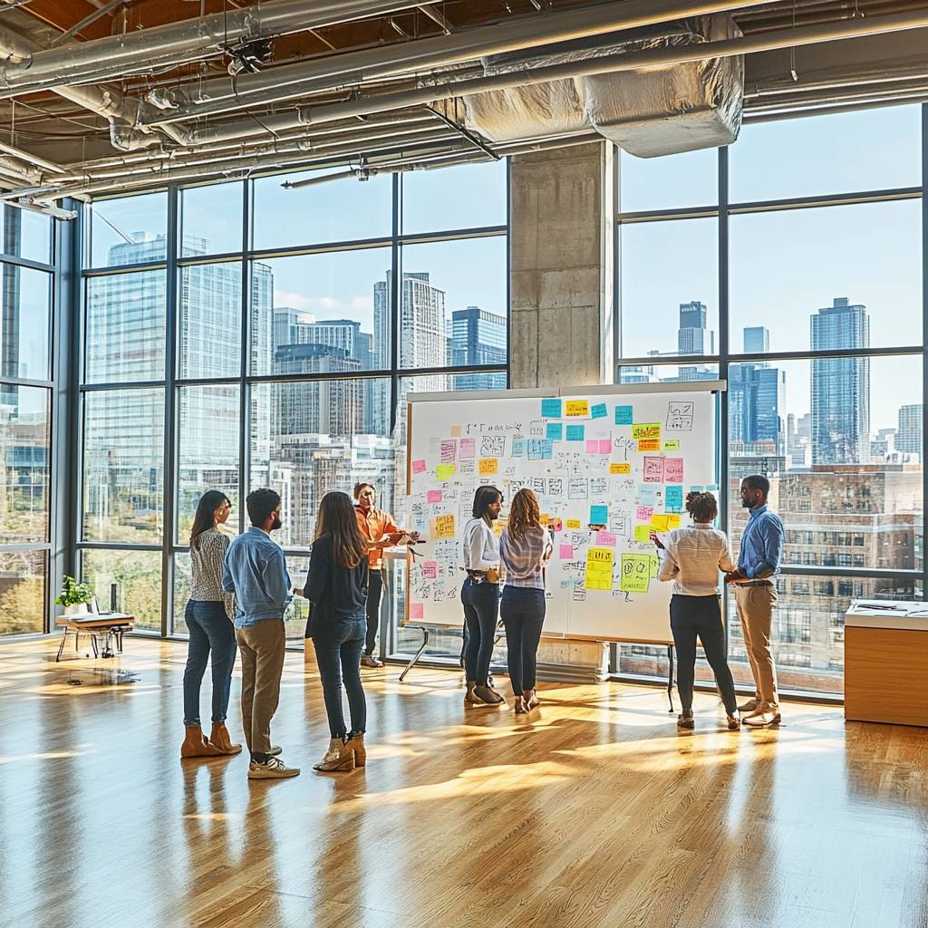 A diverse group of people collaborating in a bright modern office space, gathered around a whiteboard filled with colorful sticky notes, with city skyline views.