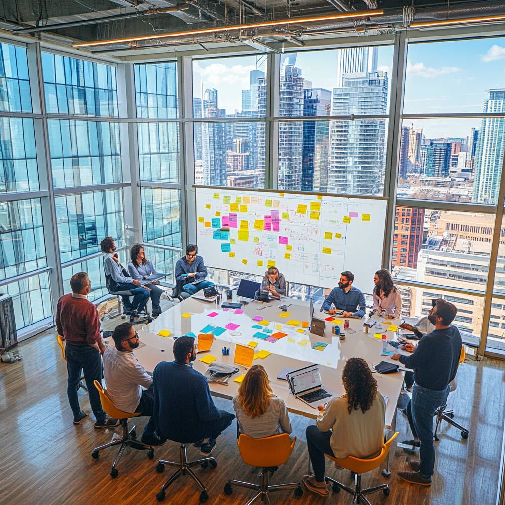 A diverse group of professionals gathers around a large table, brainstorming with sticky notes and laptops in a modern conference room with skyline views.