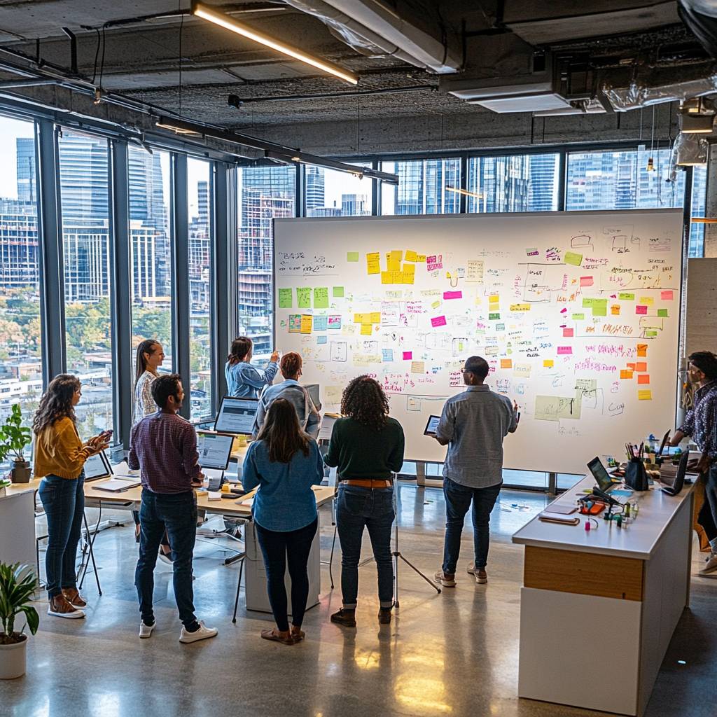 A group of diverse people collaborating in an office space, looking at a whiteboard filled with colorful sticky notes and diagrams.