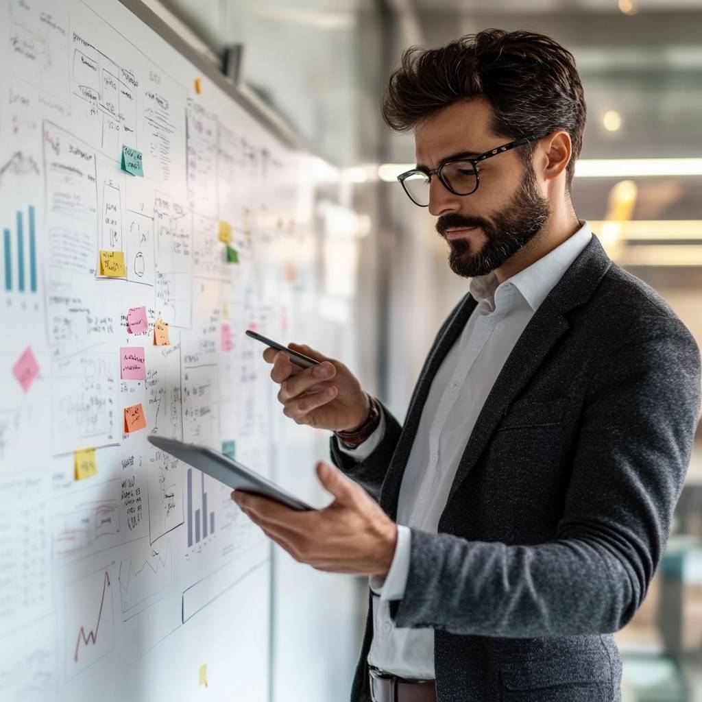 A man in a blazer stands in front of a whiteboard covered with notes and graphs, holding a tablet in one hand and a pen in the other.