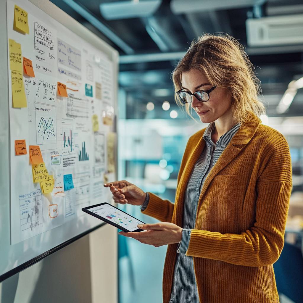 A woman in a yellow cardigan stands by a whiteboard filled with notes and charts while using a tablet to review information.