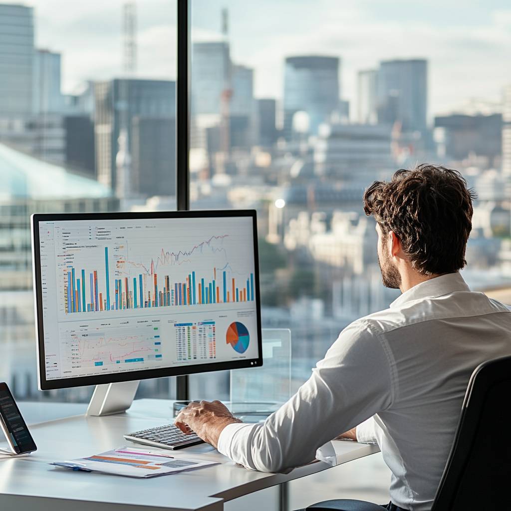 A man sitting at a desk looks at a computer screen displaying various graphs and charts, with a city skyline visible through large windows.