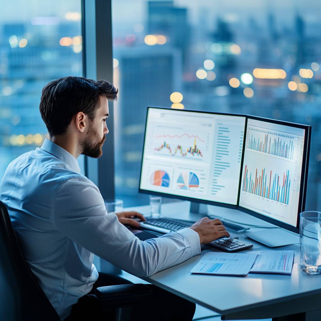 A man in a white dress shirt sits at a desk in an office, focused on dual monitors displaying various financial charts and graphs, with city lights in the background.