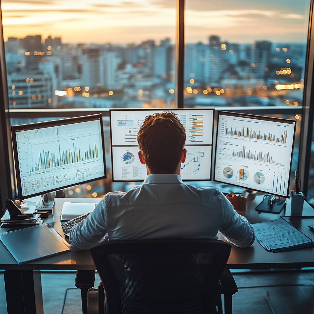 A person in a white shirt sits at a desk with multiple computer monitors displaying various data charts, overlooking a cityscape at sunset.