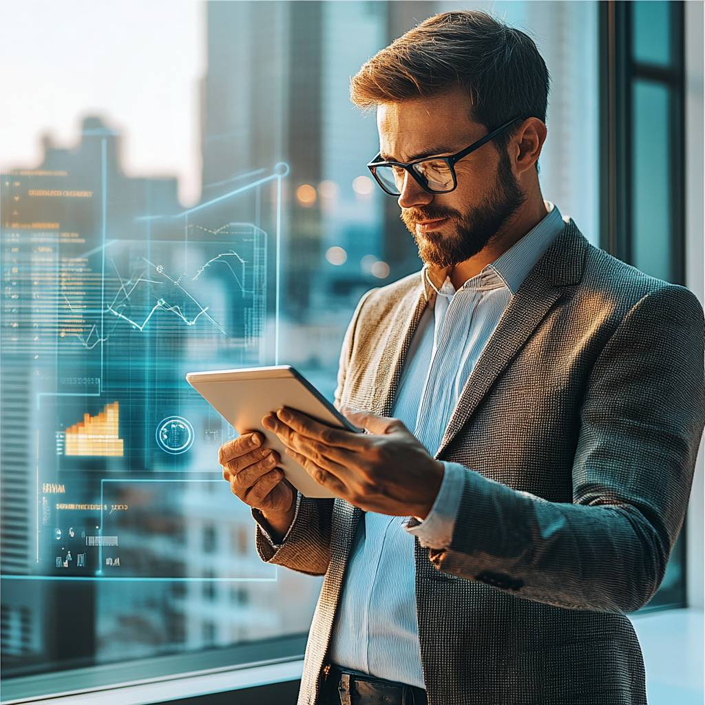 A man in a suit and glasses stands by a window, holding a tablet while analyzing digital data and charts displayed around him.